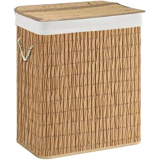 hjh LIVING Wäschekorb 2 Fächer FALSTER XL R, 100 L Wäschesammler mit Deckel, Wäschebox Rattan mit Griffen, praktische Faltfunktion, Braun