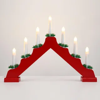Lewondr Kerzenleuchter Weihnachten, Dekorativ LED Bogen Weihnachten Holz Weihnachtslichter Fensterbank mit 7 Kerzenlichtern Flammenlos Kerzenbrücke Schwibbogen für Advent Innen, USB-Betrieben,Warm Rot