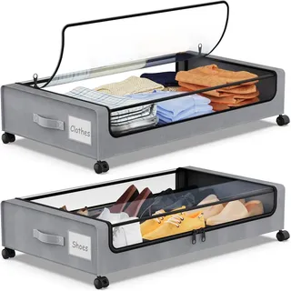 SPEEDEVE 2 Stück Unterbett Aufbewahrungsbox 50L Unterbettkommode mit Rollen Bettkasten Organizer mit PVC deckel Unterbettbox für Kleidung Schuhe Decken Bettwäsche,Grau,2er-Pack