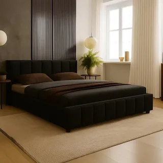 marpur Polsterbett Nero mit Kopfteil, 200x200 cm, Doppelbett mit Bettkasten und Lattenrost aus Holz, Velourstoff: Schwarz