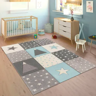 Paco Home Kinderteppich »Cosmo 340«, rechteckig, 17 mm Höhe, Kurzflor, Pastell-Farben, 3D Effekt, Motiv Berge, Punkte & Sterne, blau