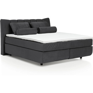 Mivano Free Boxspringbett mit Durchgehender Matratze (H3) und Premium Topper, Velours Cosy Dunkelgrau, Liegefläche 140 x 200 cm