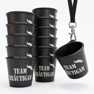 SoPro 12x Schnapsbecher zum Umhängen 4 cl wiederverwendbar - Schnapsgläser JGA 40 ml schwarz - Schnapsglas zum Umhängen, JGA Schnapsgläser