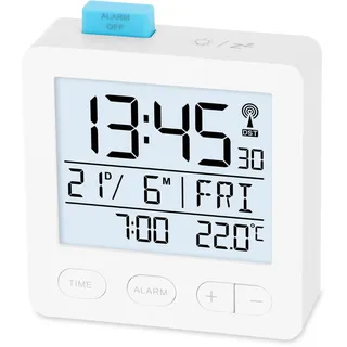 ADE Funkwecker digital mit Batterie | Funkuhr mit Licht | Uhr mit Temperaturanzeige | Reisewecker | mit Thermometer und Datumsanzeige | weiß