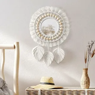 Dremisland Makramee Wandspiegel 36cm Boho Sonne Mirror Spiegel Flur Makramee Deko Beige Dekorativer Runder Spiegel mit Gewebten Fringe Blatt Wanddeko für Café Wohnung Schlafzimmer Wohnzimmer