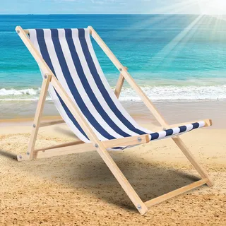 Aopunly Liegestuhl Gartenstuhl Klappstuhl Kieferholz Holz Klappbar Relax Stoff Deck Blau weiß - Blau