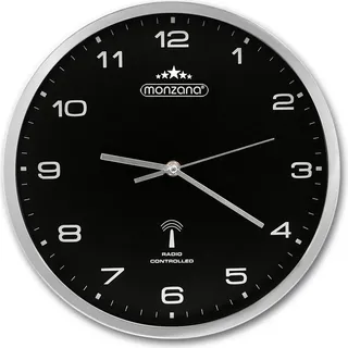 MONZANA® Funkuhr Wand Ø31cm Geräuscharm Automatische Zeitumstellung mit AA-Batterie Großes Ziffernblatt Schwarz Quarzuhr Analog Wohnzimmer Büro Silber - Silber