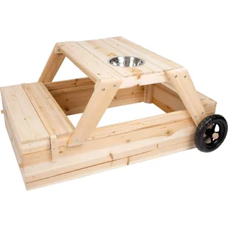 Small Foot Sandkasten mit Sitzgruppe und Matschtisch aus Holz, 3-in-1 Sandkiste zum Zusammenschieben für Kinder, 12420, Natur