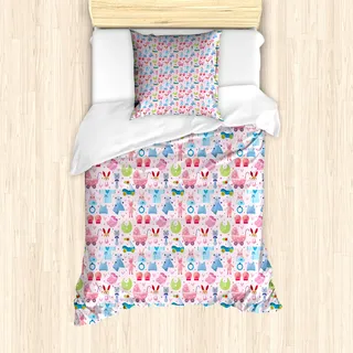 ABAKUHAUS Baby Mantele, Teddybär und Häschen, Milbensicher Allergiker geeignet mit Kissenbezügen, 135 cm x 200 cm - 80 x 80 cm, Pale Pink Rose Blau