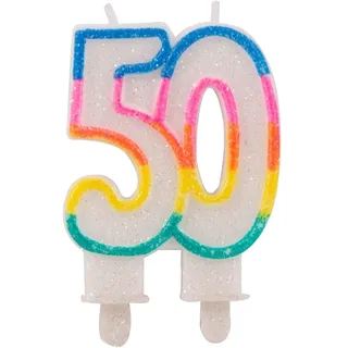 Folat 22895 – Glitzerkuchenkerze Regenbogen mit Halterung – Zahl 50 – ca. 9 x 6 x 1,5 cm