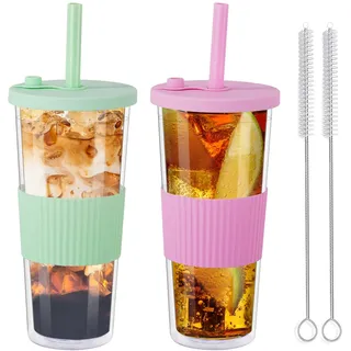 2-Pack wiederverwendbare Boba Tee Tassen, 750ml/24oz klares Wasser Tumbler mit Strohhlam und Deckel, auslaufsichere klare Plastikbecher Tasse, doppelte Wand Smoothie Tumbler für Blasentee, Eiskaffee