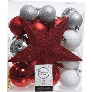 Box mit 33 Zubehörteilen zur Dekoration Ihres Baums: Silber, Rot und Mattweiß. Perfekt, um Ihrem Zuhause einen festlichen Touch zu verleihen. Schaffen Sie eine warme und elegante Atmosphäre! Ideal für
