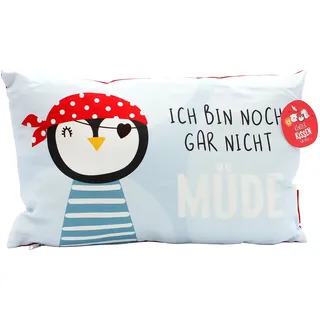 Dekohelden24 Kinder-Kuschel Kissen mit Pinguin/Aufschrift - Ich Bin noch gar Nicht müde - L/B/H ca. 40 x 13 x 23 cm, 100% Baumwolle