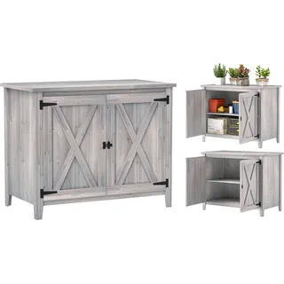 Outsunny Gartenschrank Holz, Geräteschuppen wetterfest 110x60x88,5cm, Gerätehaus mit Tür, Faltdach, Ablagen, Geräteschrank, Gartenhaus Werkzeugschrank Gartenschuppen für Terrasse Hinterhof, Hellgrau - Grau