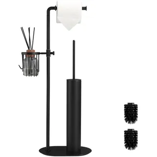 BVL Toilettenpapierhalter Stehend Schwarz, Edelstahl Klopapierhalter Stehend und 360° praktischem Aufbewahrungskor, Toilettenpapierhalter mit Bürste Klobürste mit Klopapierhalter WC Garnitur