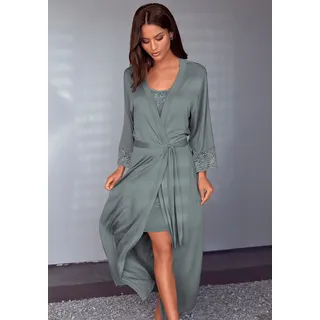 Kimono LASCANA, Damen, Gr. 40/42, blau (petrol), Single-Jersey, unifarben, Langform, Hausmäntel Kimono, mit edlen Spitzendetails, Topseller