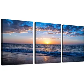 hyidecorart Leinwandbild Sonnenuntergang Strand, Meer Landschaft Modern Kunstdruck Deko Wandbilder Wohnzimmer Schlafzimmer Küche Esszimmer und Badezimmer