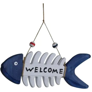 Cabilock Willkommen Holz Fisch Skelett Hängen 10.63X3.74In Mediterranes Nautisches Wand-Dekor Mit Hanfseil Für Zuhause Shop Café Strand Thema