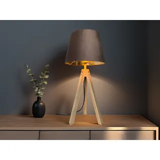 Große Dreibein Tischlampe Holzfuß mit Samt Lampenschirm Braun Gold Höhe 55cm