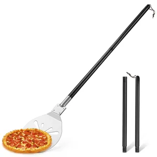 Onader Perforierter Pizzaschieber, Edelstahl Rund Pizzaschaufel, Pizza Schieber mit abnehmbarem Metallgriff für Pizza, Brot, Kuchen, Gesund & Leicht zu Reinigen - 20,3×28,3×110cm