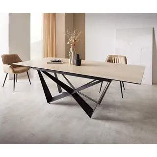 DeLife Esstisch Edge 180-220x100 Keramik Travertin Natur Spider Flachstahl Schwarz ausziehbar - Braun