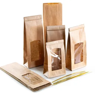 Braune Blockbodenbeutel, 10 Stück: Papiertüten mit Sichtfenster, Tüten Klein, Teetüten Braun, Geschenktüte für Lebensmittel & Gewürze, Kraftpapiertüten, Papierbeutel mit Verschluss, 26,5 x 8,5 x 5 cm