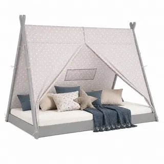 Homestyle4u Kinderbett Hausbett 90 x 200 cm Kiefer massiv grau