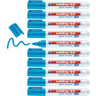 edding 95 Glasmarker - hellblau - 10 Stifte - Rundspitze 1,5-3 mm - zum Schreiben und Markieren auf Glasoberflächen wie Fenster, Glasboards, Whiteboards - trocken abwischbar