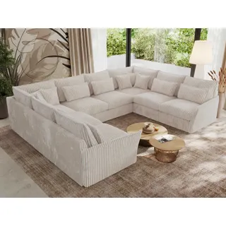 MKS Meble modulares U-förmiges Ecksofa, großes Wohnzimmer-Ecksofa, Big Sofa XXL, Wohnlandschaft, Ecksofa mit losen Kissen, Universal-Ecksofa U - VERSO U 8M - Creme Cord - Creme