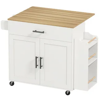 Homcom Kücheninsel Küchenwagen auf Rollen mit abklappbarer Arbeitsplatte Ablage Weiß , Holzwerkstoff , Küche mit Insel , 68x85x120 cm , Küchen, Küchenmöbel, Kücheninseln