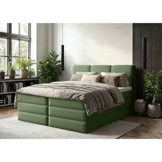 Mid.you Boxspringbett , Grün , Holz, Textil, Holzwerkstoff , H2 + H3 , Höhe ca. 19 cm , 180x200 cm , Bettkasten, gepolstertes Kopfteil, Topper durchgehend, Wendematratze mit unterschiedlichen Härtegraden, Matratze geteilt , Holzmöbel, Holzbetten, Boxspringbetten Holz