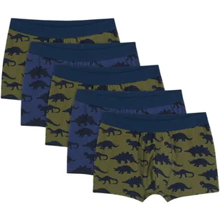 Boxershorts BONPRIX, Jungen, Gr. 152/158, 5 Stk., blau (dunkelblau, indigo, oliv), Obermaterial: 95% Baumwolle, 5% Elasthan, Unterhosen Boxershorts, sportlicher Schnitt, mit breitem Bund, mit Dino-Print, 5er-Pack