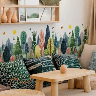 WandSticker4U®- [Aquafarben] Wandtattoo WALD Kinderzimmer Bordüre (84x43 cm) I Wandsticker Babyzimmer Wald Berge Häuser Natur I Boho Wandaufkleber Kinderzimmer Deko skandinavisch selbstklebend