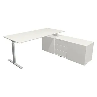 Kerkmann Schreibtisch Form 2 180x80x74 cm m. Sideboard 160x50x58 cmT-Fuß Alusilber weiss - Weiß