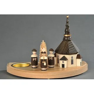 Teelichthalter ALBIN PREISSLER "Seiffener Kirche mit Kurrende, Handwerkskunst aus dem Erzgebirge", beige (natur), B:20cm H:9cm T:10cm, Massivholz, Kerzenhalter, Teelichthalter, Weihnachtsdeko aus Holz