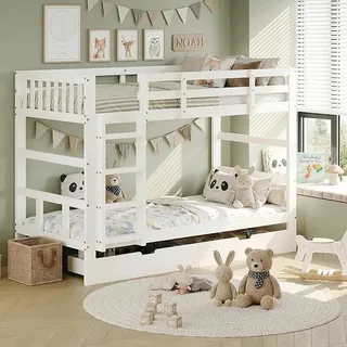 Etagenbett 90x200 cm, Lattenrost, Fallschutz, Hochbett mit Leiter, Haus mit 2 Schubladen, hochwertiger Kiefer massiver Rahmen