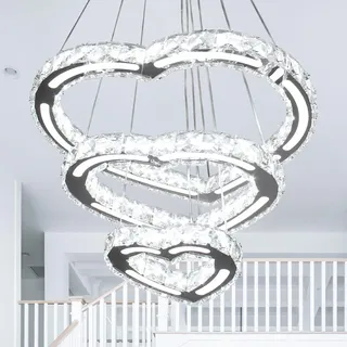 FRIXCHUR Moderner LED Kristall-Kronleuchter, 3-Ring in Herzform, Edelstahl, dimmbar mit kompatiblem Dimmer, höhenverstellbar, Pendelleuchte für Wohnzimmer und Esszimmer, klar(Kaltes Weiß)