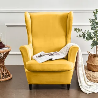Hixingo Samt 2-Teilig Ohrensessel Überzug, Mit Kissenbezug Sesselbezüge, Abnehmbar Polyester Ohrensessel Bezug, für Wohnzimmer Schlafzimmer Hotel Sesselschoner (Gelb)