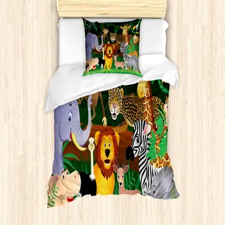ABAKUHAUS Zoo Mantele, Exotische Dschungel Fröhlich Fun, Milbensicher Allergiker geeignet mit Kissenbezügen, 135 cm x 200 cm - 80 x 80 cm, Mehrfarbig