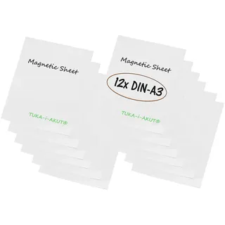 TUKA-i-AKUT 12x A3 Magnetfolie zum Beschriften und Zuschneiden, Flexibel Magnet Tafelfolie Magnetplättchen Gummimagnet, Werbelehrmagnet Magnetische Etikett Plakat, 12er Set Weiß, TKD9041-white-A3-12x