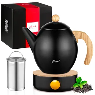 glastal 1200ml Schwarz Teekanne Edelstahl mit Siebeinsatz und Doppelwandige Kanne mit Decke, Thermo Teekanne mit Stövchen Lange Wärmespeicherung – das ideale Geschenk für Teekenner