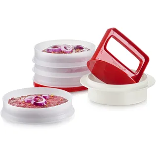 Tupperware Küchenhelfer Hamburger-Maker Former Presse Frikadellen Hamburger Köfte Presse rot weiß Patty (Hamburger Set mit Vorratsbehälter)