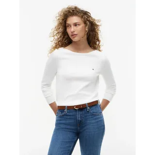 Strickpullover TOMMY HILFIGER "CO JERSEY STITCH V-NECK SWEATER", Damen, Gr. XXS (32), beige (ecru), Feinstrick, Obermaterial: 67% Baumwolle, 33% Polyamid, unifarben, Basic normal, U-Boot-Ausschnitt, Rippbündchen, Pullover Strickpullover, mit Tommy Hilfiger Logo-Flag, U-Boot-Ausschnitt