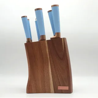 Edenberg 7-teiliges Messerset mit Holzblock – Titanbeschichtung, rostfreier Stahl, ergonomisches Design - Rot, Hellblau, Grün