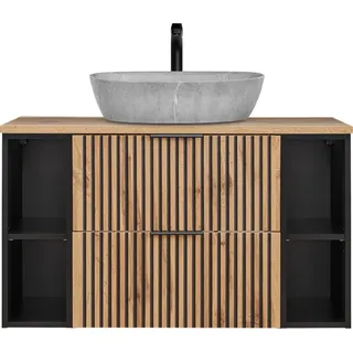 Waschtisch Kombination schwarz gerillt 100 cm Unterschrank mit Aufsatzwaschbecken Beton Optik XANTEN-56 in anthrazit mit Eiche Nb., B/H/T: ca. 100,6/72,7/46,5 cm - Braun