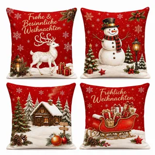 BAHJISOUK 4er Kissenbezug Weihnachten 45x45 Dekokissen Winter Deko | Zierkissen Hülle mit Schneemann und Hirsch Motiven ohne Füllung ideal als festliches Christmas Pillow im Wohnzimmer