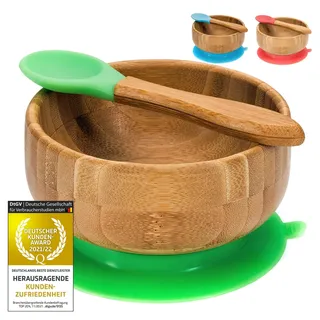 all Kids United® Baby Breischale Bambusschüssel Kindergeschirr mit Löffel - Brei-Schüssel Lebensmittelecht, Bambus-schale mit Saugnapf (Grün)