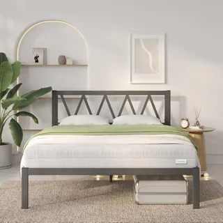 Novilla Bettgestell 140 x 190 cm, Bettrahmen mit Lattenrost, Bettgestelle mit Kopfteil-Design, Doppelbettgestell, Stauraum unter dem Bett, Schwarz