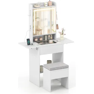 COSTWAY Schminktisch Kosmetiktisch schmal mit 3 Farbe LED Spiegel & Schminkhocker, Frisiertisch mit Glasplatte, Steckdosen & klappbaren Seitenteilen - Weiß