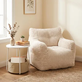 FurnitureR Relaxsessel mit Beistelltisch und Aufbewahrungskorb, Moderner Cord Sessel mit Armlehnen, Bequemer Loungesessel für Wohnzimmer Schlafzimmer, Creme